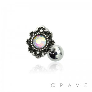 AURORA BOREALIS GEM CENTERED VINTAGE SILVER FLOWER DESIGN 316L SURGICAL STEEL CARTILAGE BARBELL