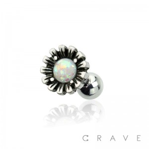 GLITTER OPAL GEM CENTERED VINTAGE SILVER FLORAL DESIGN 316L SURGICAL STEEL CARTILAGE BARBELL