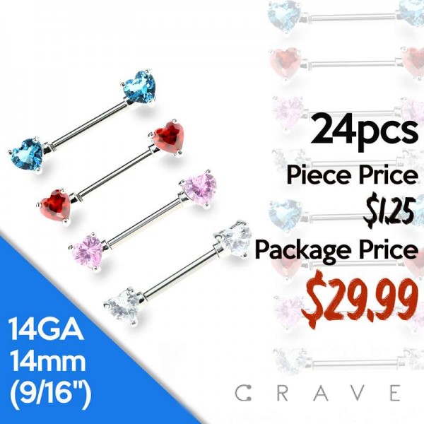 24PCS ASSORTED DOUBLE HEART CZ PRONG SET 316L SURGICAL STEEL NIPPLE BAR PACKAGE