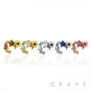 Stainless Moon with Multi-Colored CZ Star Gems 316L Surgical Steel Cartilage Barbell 