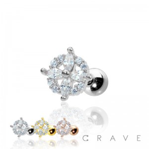 CZ PAVED CLOVER CIRCLE 316L SURGICAL STEEL CARTILAGE BARBELL