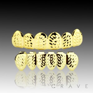 DEBOSSED GOLD GRILLZ 6 TEETH MOUTH TOP & BOTTOM HIP HOP BLING