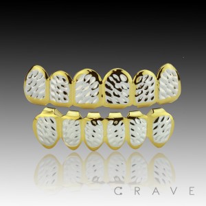 DEBOSSED SILVER AND GOLD TWO TONE GRILLZ 6 TEETH MOUTH TOP & BOTTOM HIP HOP BLING 