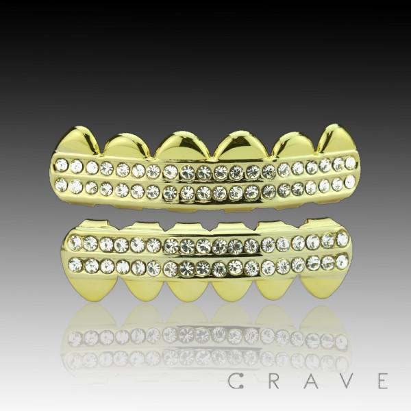 TWO LINES OF CZ PAVED GOLD GRILLZ 6 TEETH MOUTH TOP & BOTTOM HIP HOP BLING CAPS