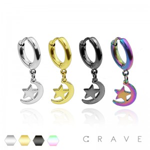 PAIR OF 316L STAINLESS STEEL HUGGIE/HOOP EARRINGS WITH MOON AND STAR DANGLE