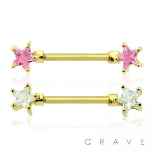 DOUBLE STAR CZ PRONG SET GOLD PVD PLATED OVER 316L SURGICAL STEEL NIPPLE BAR