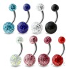 316L SURGICAL STEEL BELLY RING W/ CLEAR EPOXY COVERED MULTI CRYSTAL FERIDO BALL
