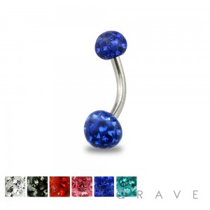316L SURGICAL STEEL BELLY RING W/ CLEAR EPOXY COVERED MULTI CRYSTAL FERIDO 5/6MM BALLS