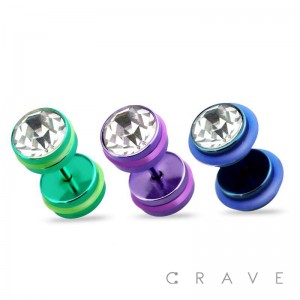 GEM EMBEDDED COLOR IP OVER 316L SURGICAL STEEL FAKE PLUG WITH O-RINGS