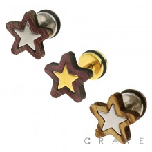 316L SURGICAL STEEL FAKE PLUG W/ INLAY WOODEN STAR