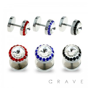 316L SURGICAL STEEL FAKE PLUG W/ CONVEX SOLITAIRE GEM RIM