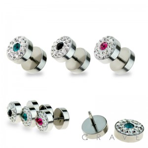 316L SURGICAL STEEL CENTER COLOR GEM FAKE PLUG W/ CZ RIM
