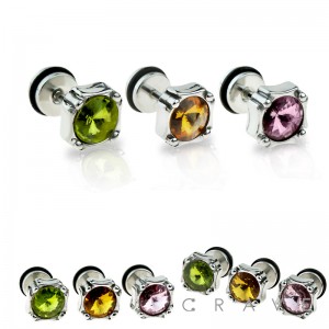 316L SURGICAL STEEL FAKE PLUG W/ SOLITAIRE COLOR CZ GEM