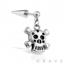 316L SURGICAL STEEL CONE BARBELL W/ SKULL DANGLE BALL