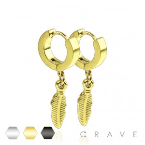 PAIR OF STAINLESS STEEL IP BLACK & GOLD HUGGIE/HOOP EARRINGS WITH FEATHER DANGLE