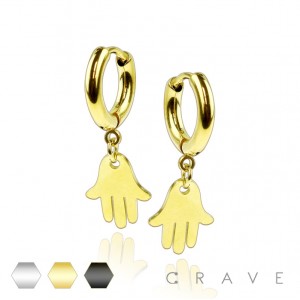 PAIR OF STAINLESS STEEL IP HUGGIE/HOOP EARRINGS WITH FATIMA HAND DROP