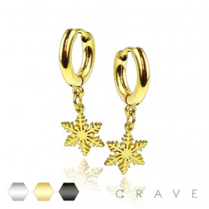 PAIR OF STAINLESS STEEL IP HUGGIE/HOOP EARRINGS WITH SNOWFLAKE DANGLE