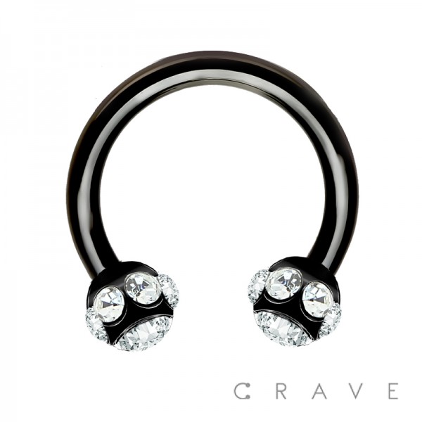 BLACK PVD PLATED OVER 316L SURGICAL STAINLESS STEEL HORSESHOE WITH MULTI GEMMED BALLS