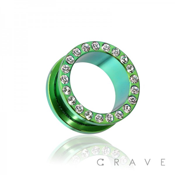 GREEN PVD PLATED GEM PAVED RIM 316L SURGICAL STEEL SCREW FIT TUNNEL