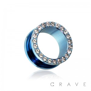 LIGHT BLUE PVD PLATED GEM PAVED RIM 316L SURGICAL STEEL SCREW FIT TUNNEL
