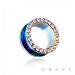 RAINBOW PVD PLATED GEM PAVED RIM 316L SURGICAL STEEL SCREW FIT TUNNEL