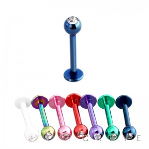 ELECTROPLATING OVER 316L SURGICAL STEEL LABRET WITH CLEAR GEM BALL SET (external thread)