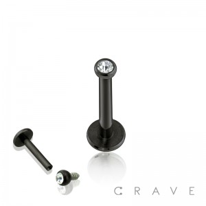 BLACK TITANIUM IP OVER 316L SURGICAL STEEL INTERNALLY THREADED LABRET/MONROE WITH 2MM CLEAR GEM SET
