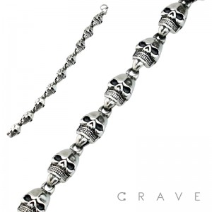 3D SKULL HEADS LINKED STAINLESS STEEL BRACELET