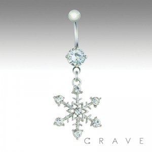 GEM PAVED SNOW FLAKE PRONG SET 316L SURGICAL STEEL NAVEL RING