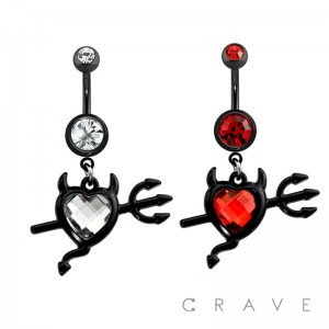 BLACK IP GEM HEART DEVIL DANGLE 316L SURGICAL STEEL NAVEL RING