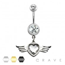 CZ HEART ANGEL WING DANGLE DOUBLE GEM 316L SURGICAL STEEL NAVEL RING