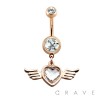 ROSE GOLD PLATED CZ HEART ANGEL WING DOUBLE GEM 316L SURGICAL STEEL NAVEL RING