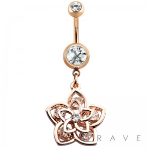 GEM EMBEDDED DOUBLE SWIRL FLOWER DANGLE 316L SURGICAL STEEL NAVEL RING