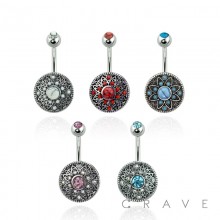 MULTI PAVED TURQUOISE STONE FLOWER 316L SURGICAL STEEL NAVEL RING