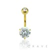GOLD PLATED DOUBLE GEM PRONG SET ROUND CZ 316L SURGICAL STEEL NAVEL RING