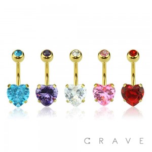 GOLD PLATED PRONG SET HEART CZ 316L SURGICAL STEEL NON DANGLE BELLY RING