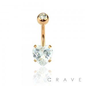 ROSE GOLD PLATED DOUBLE GEM PRONG SET HEART CZ 316L SURGICAL STEEL NON DANGLE BELLY RING