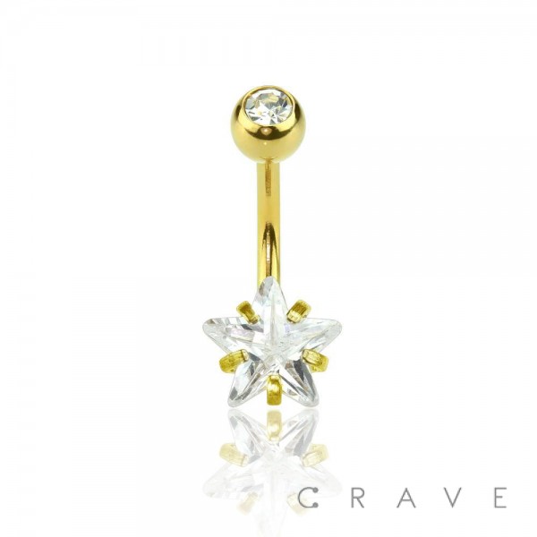 GOLD PLATED DOUBLE GEM PRONG SET STAR CZ 316L SURGICAL STEEL NAVEL RING
