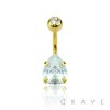 GOLD PLATED DOUBLE GEM PRONG SET TEAR DROP CZ 316L SURGICAL STEEL NAVEL RING