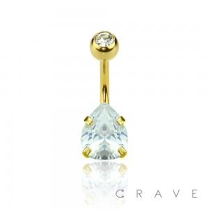 GOLD PLATED DOUBLE GEM PRONG SET TEAR DROP CZ 316L SURGICAL STEEL NAVEL RING