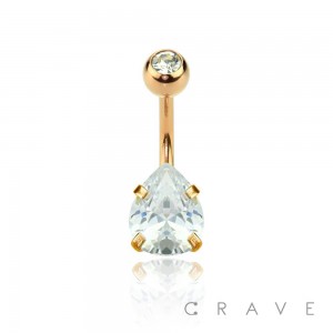 ROSE GOLD PLATED DOUBLE GEM PRONG SET TEAR DROP CZ 316L SURGICAL STEEL NAVEL RING