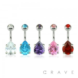 DOUBLE GEM PRONG SET TEAR DROP CZ 316L SURGICAL STEEL NAVEL RING