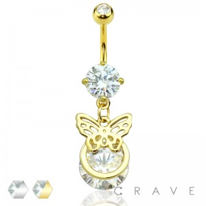 BUTTERFLY WINGS OVERLAPPED ROUND CZ DANGLE 316L SURGICAL STEEL NAVEL RING