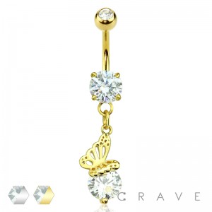 BUTTERFLY ON ROUND CZ DANGLE W/ CZ PRONG SET 316L SURGICAL STEEL NAVEL RING