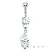 BUTTERFLY ON ROUND CZ DANGLE W/ CZ PRONG SET 316L SURGICAL STEEL NAVEL RING