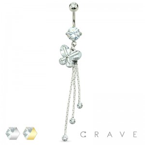 CZ BUTTERFLY W/ CZ DROP TRIPLE CHAIN DANGLE 316L SURGICAL STEEL NAVEL RING