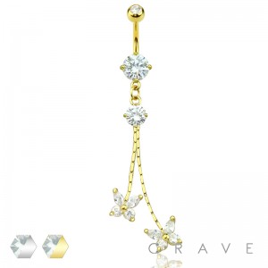 BUTTERFLY DUO CHAIN W/ DOUBLE PRONG CZ SET JEWELED DANGLE 316L SURGICAL STEEL NAVEL RING