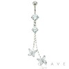 BUTTERFLY DUO CHAIN W/ DOUBLE PRONG CZ SET JEWELED DANGLE 316L SURGICAL STEEL NAVEL RING