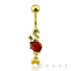GOLD PLATED SQUIRREL ON DANGLE YELLOW ACORNS WITH RED CZ 316L SURGICAL STEEL NAVEL RING