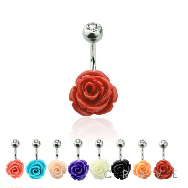 GEM TOP 316L SURGICAL STEEL BELLY BUTTON RING WITH STONE ROSE